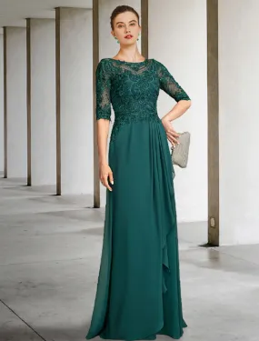 A-Line Mother of the Bride Dress Luxurious Elegant Jewel Neck Floor Length Chiffon Lace Half Sleeve with Pleats Beading Appliques