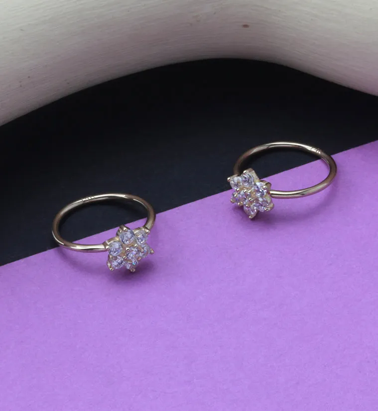 14kt Gold Clear CZ Gem Flower Hoop Ring