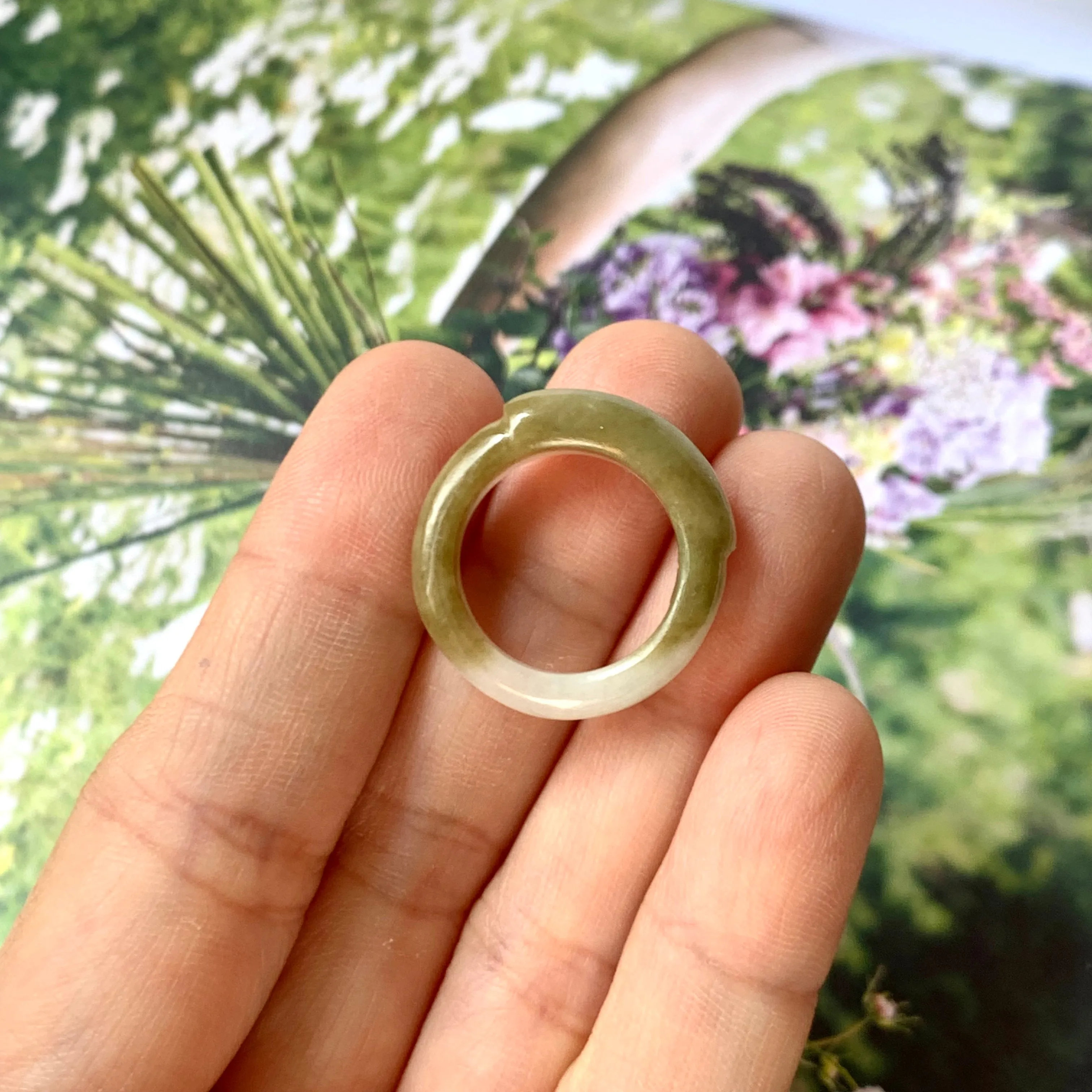 15.2mm A-Grade Natural Yellowish Green Floral Jadeite Saddle Top Ring Band No.161977