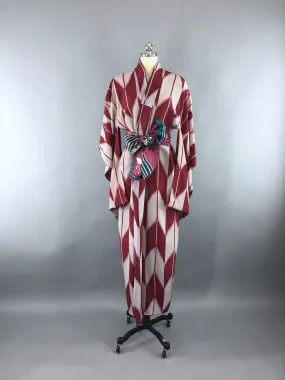 1930s Vintage Silk Kimono Robe Maroon and Silver Ikat Arrows