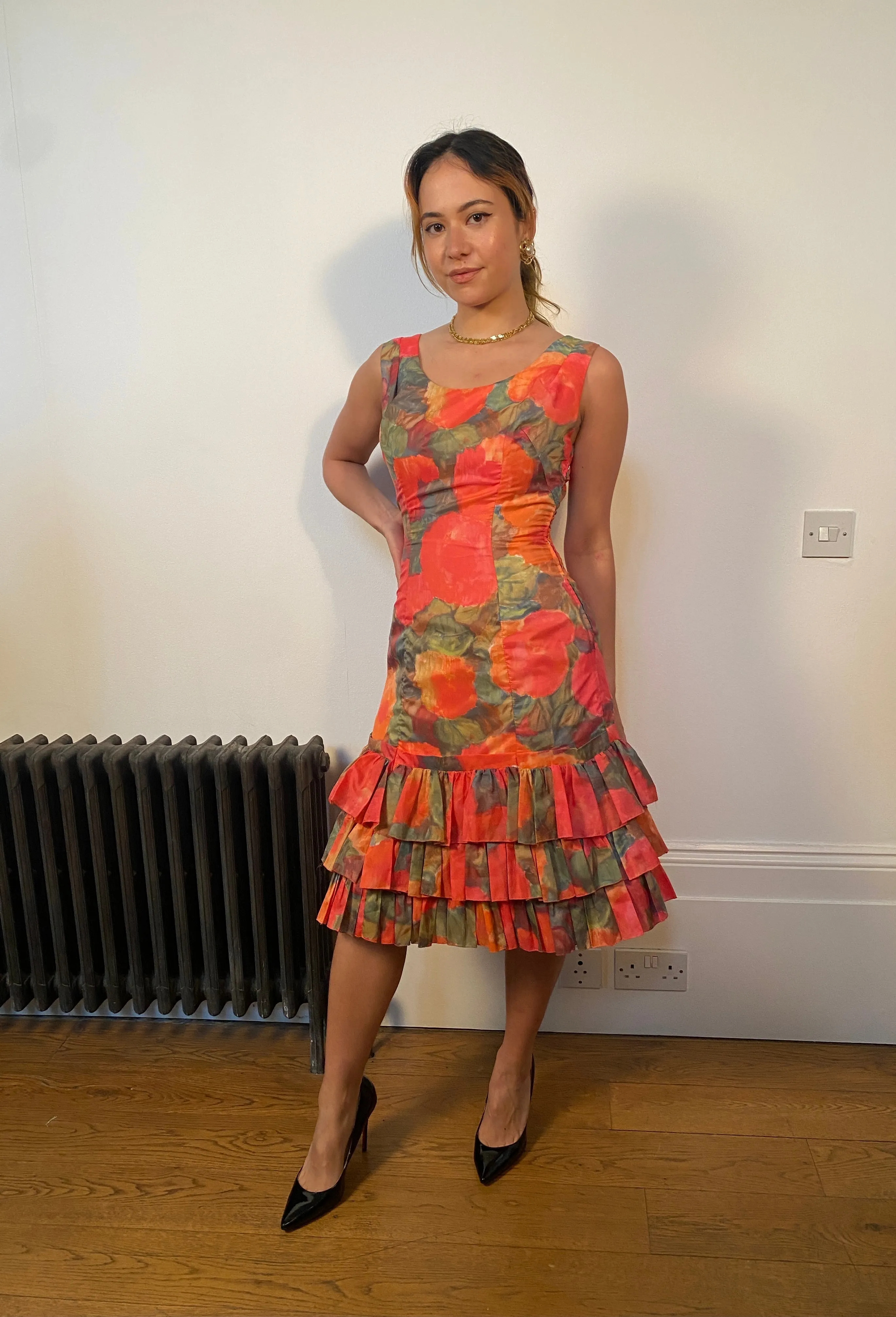 1960s Ruffle Tiered Orange and Pink Watercolour Floral Print Dress