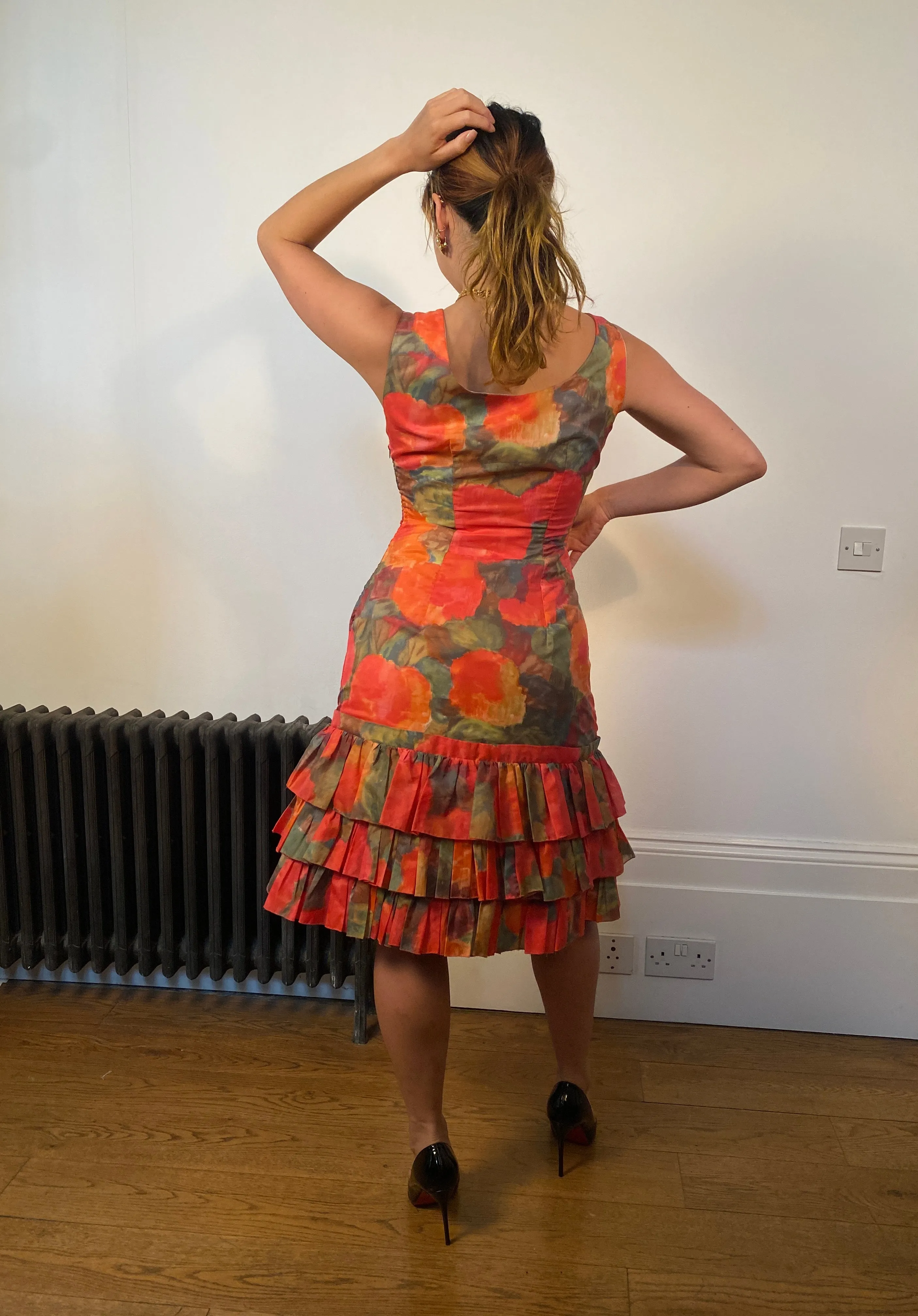 1960s Ruffle Tiered Orange and Pink Watercolour Floral Print Dress