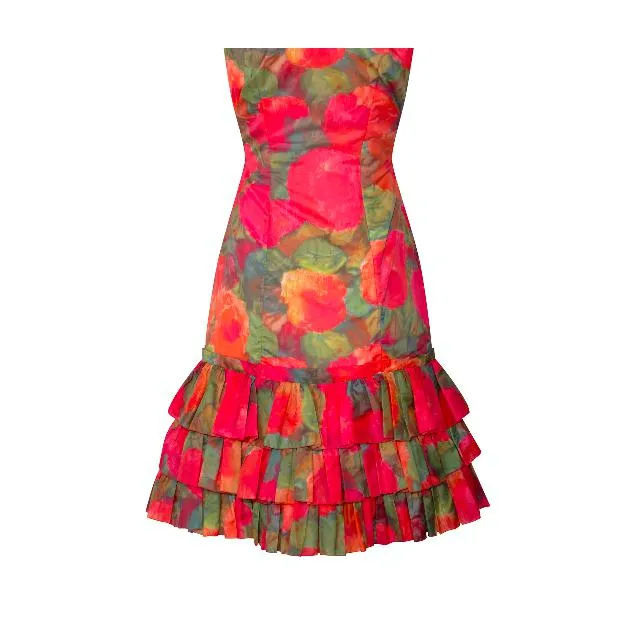 1960s Ruffle Tiered Orange and Pink Watercolour Floral Print Dress