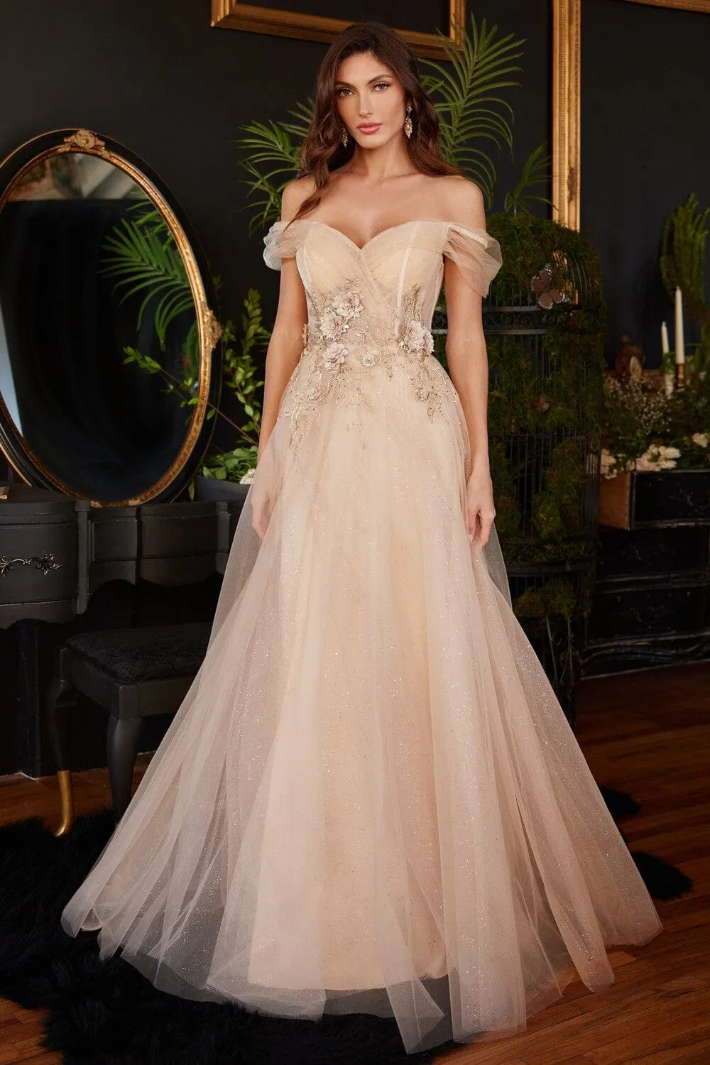 3D Floral Off Shoulder Tulle Gown by Ladivine CD3395