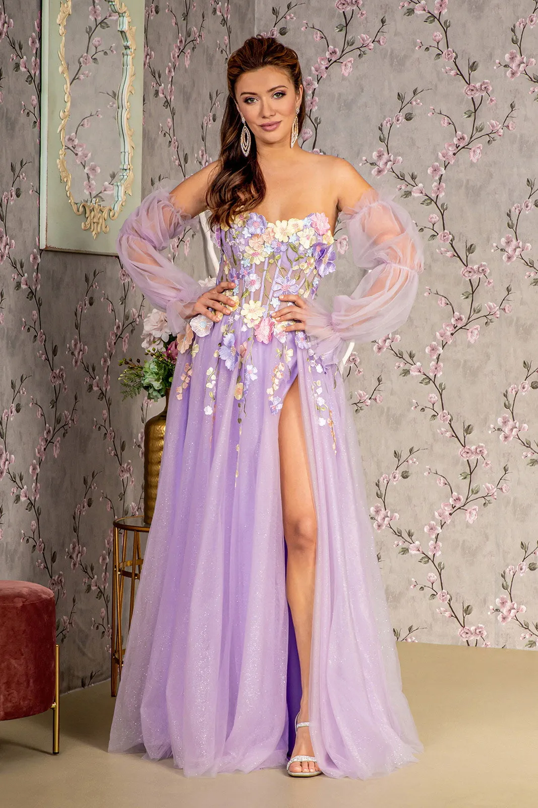 3D Floral Strapless Puff Sleeve Slit Gown by GLS Gloria GL3233