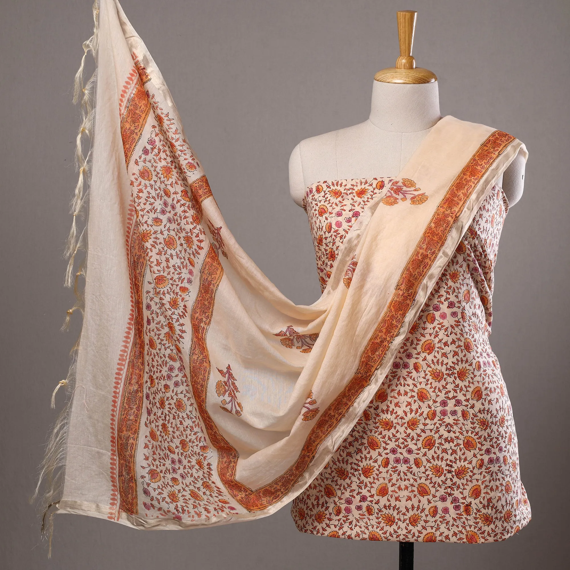 3pc Sanganeri Block Printed Cotton Suit Material with Chanderi Silk Dupatta 22