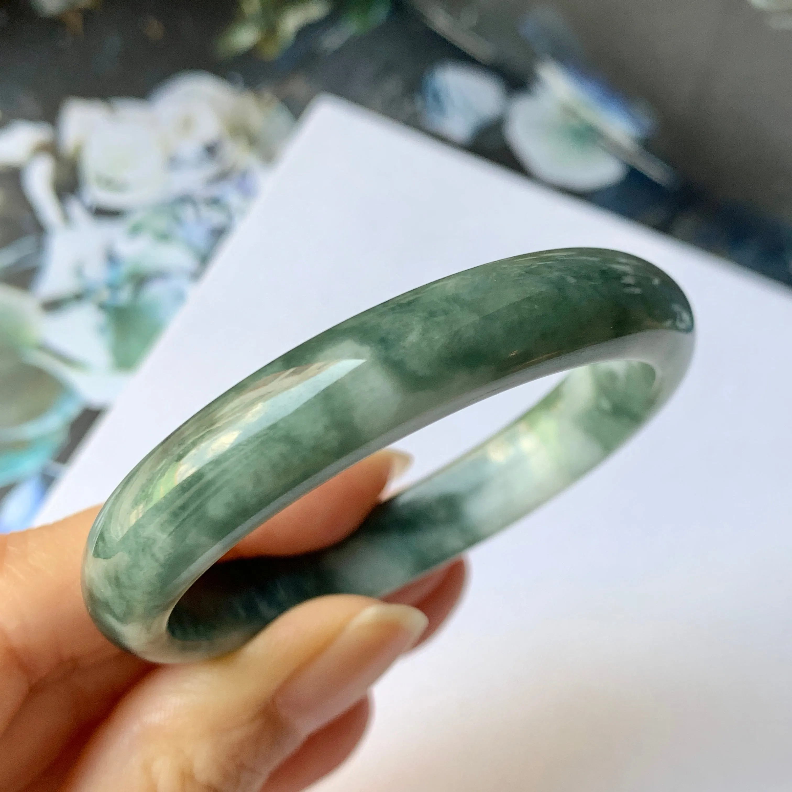 48.7mm A-Grade Natural Floral Bluish Green Jadeite Modern Oval Bangle No.151934