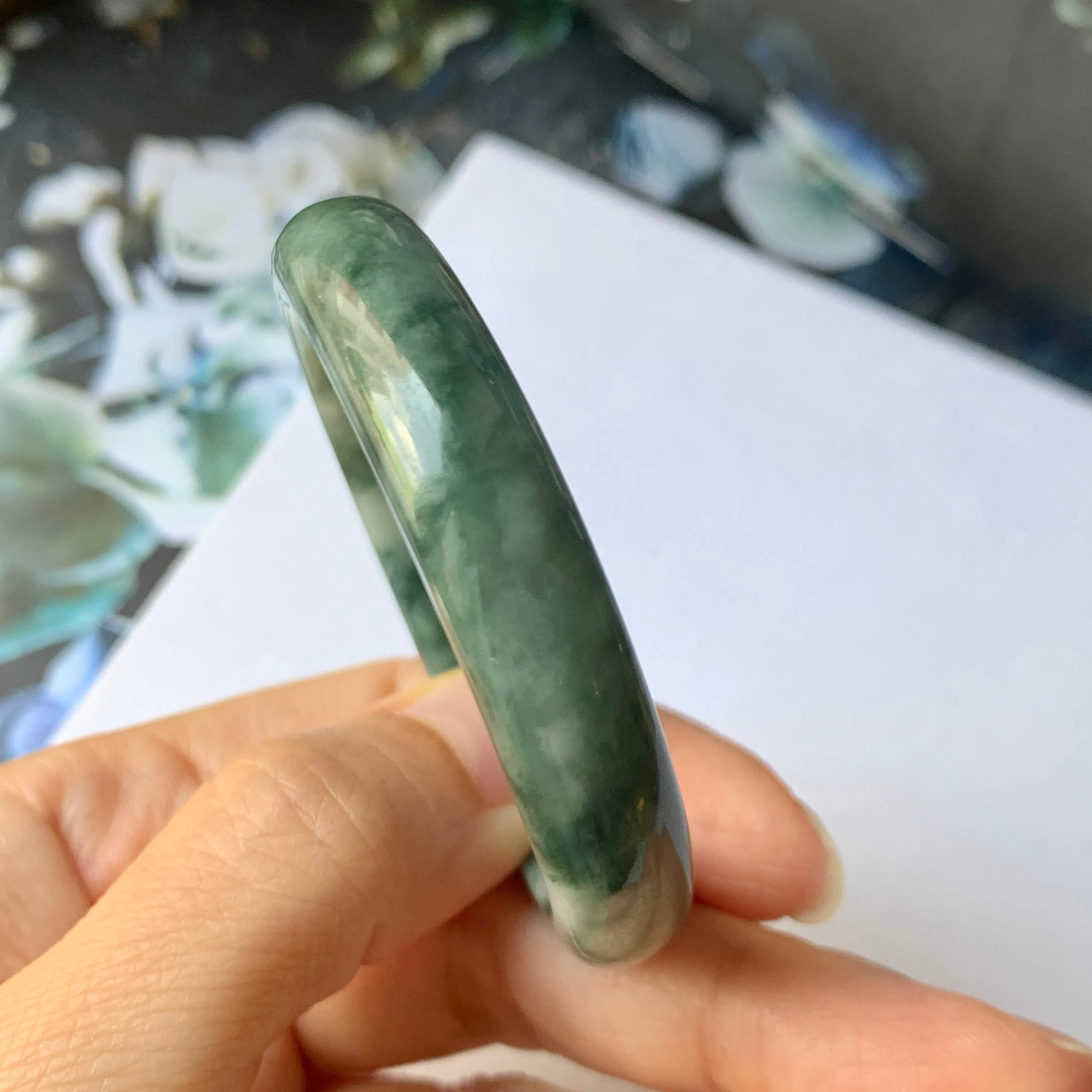 48.7mm A-Grade Natural Floral Bluish Green Jadeite Modern Oval Bangle No.151934