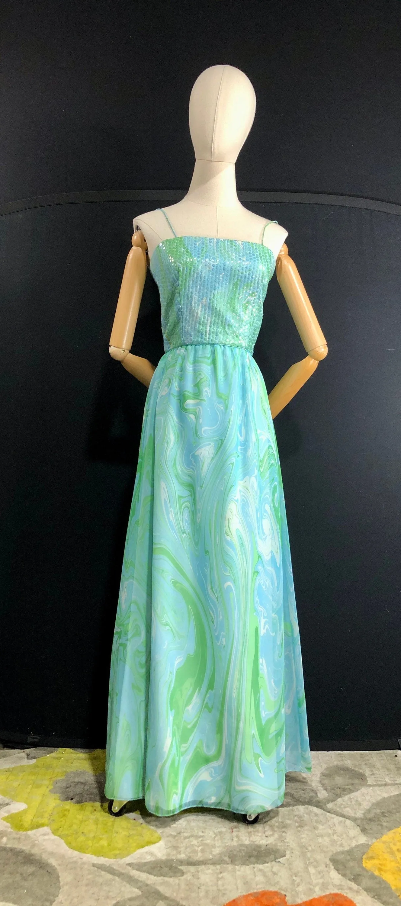 - 60s Evening Dress 60s Vintage Sequin Blue Green Chiffon Gown Cocktail Dress Xsmall 31 Bust 23 Waist by Posh Jay Anderson