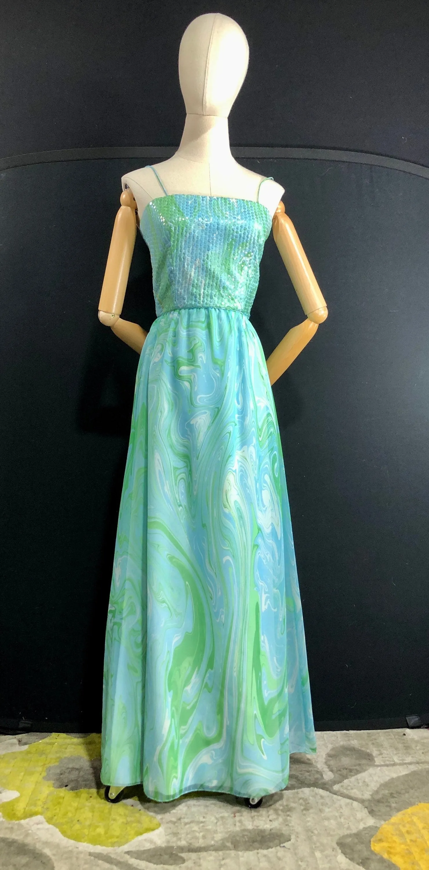 - 60s Evening Dress 60s Vintage Sequin Blue Green Chiffon Gown Cocktail Dress Xsmall 31 Bust 23 Waist by Posh Jay Anderson