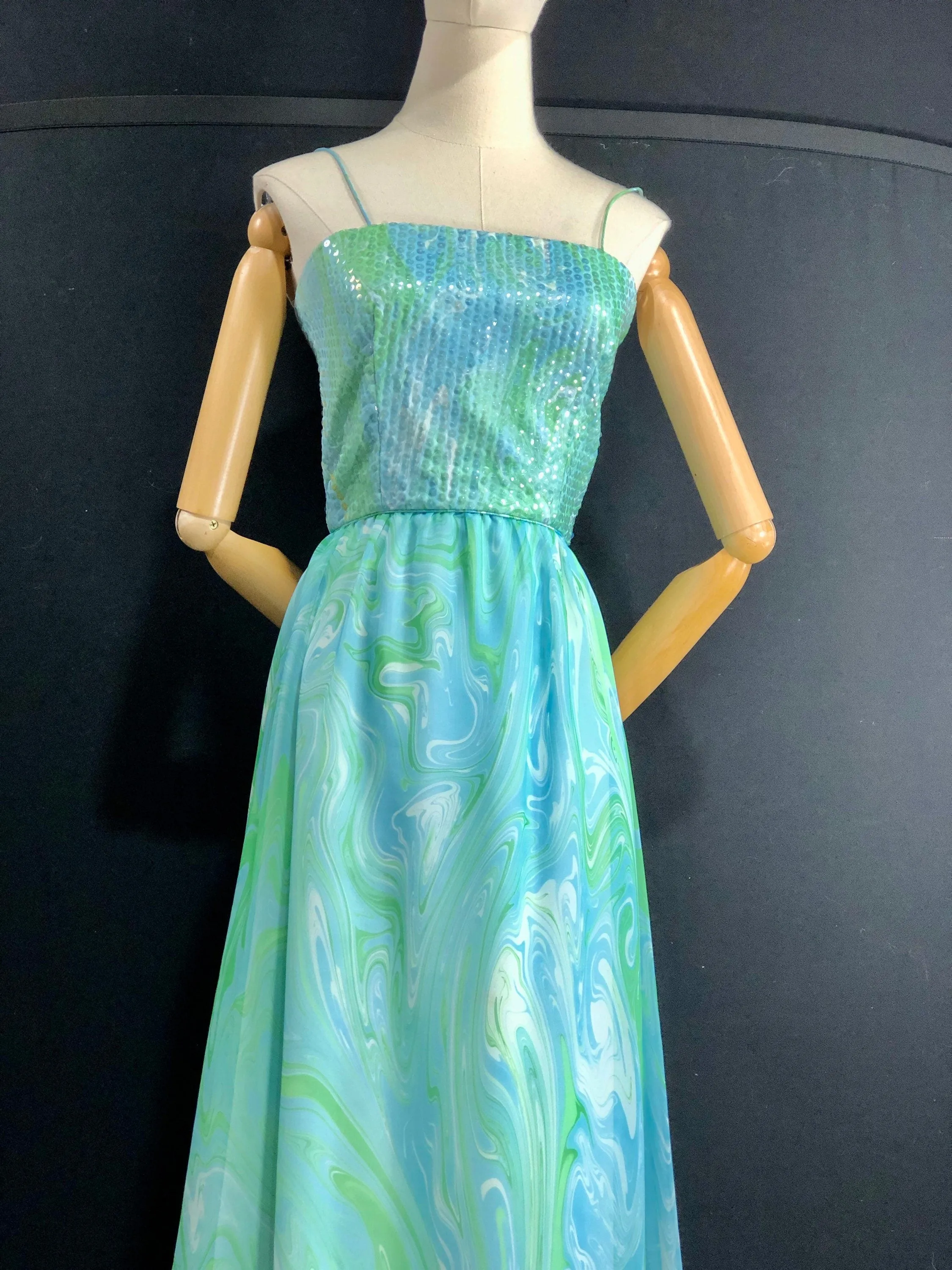 - 60s Evening Dress 60s Vintage Sequin Blue Green Chiffon Gown Cocktail Dress Xsmall 31 Bust 23 Waist by Posh Jay Anderson