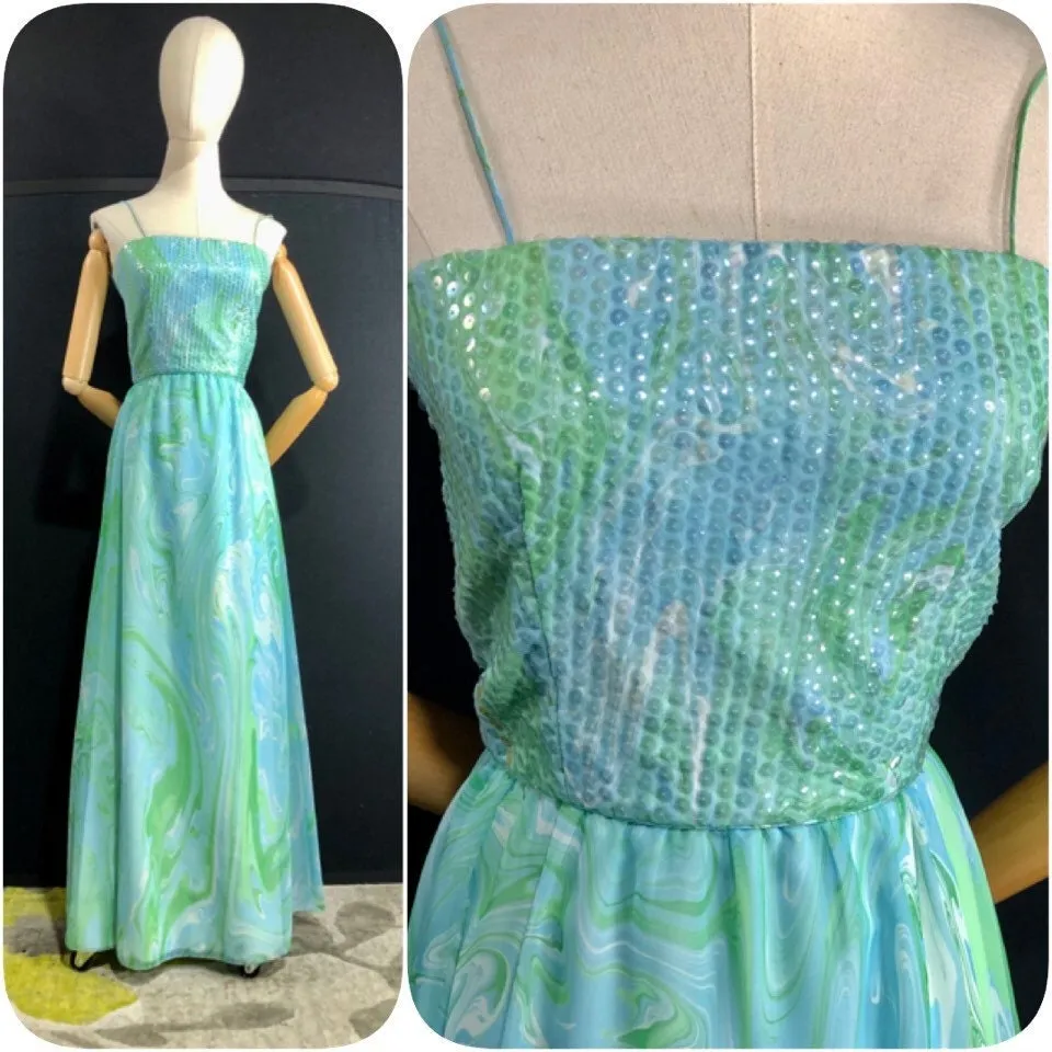 - 60s Evening Dress 60s Vintage Sequin Blue Green Chiffon Gown Cocktail Dress Xsmall 31 Bust 23 Waist by Posh Jay Anderson