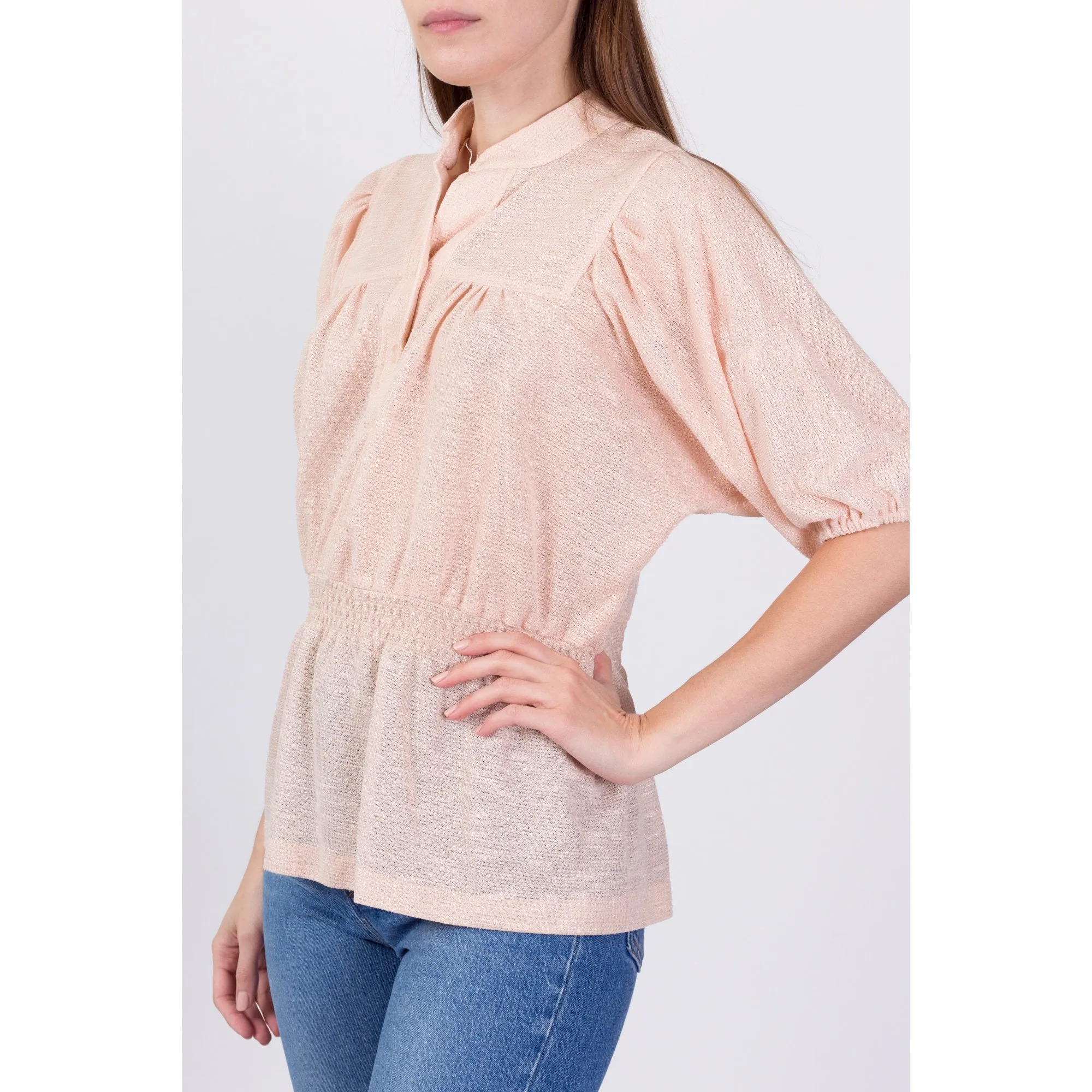 70s Boho Peach Knit Puff Sleeve Top - Large