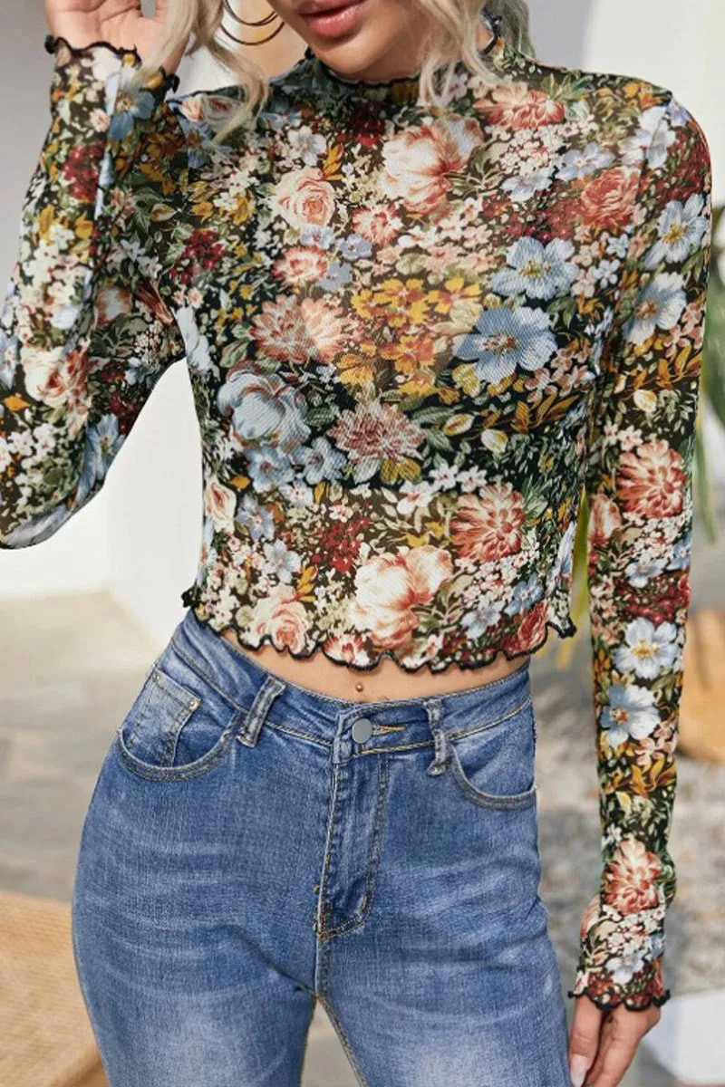 90's Vintage Vibe Floral Sheer Mesh Top