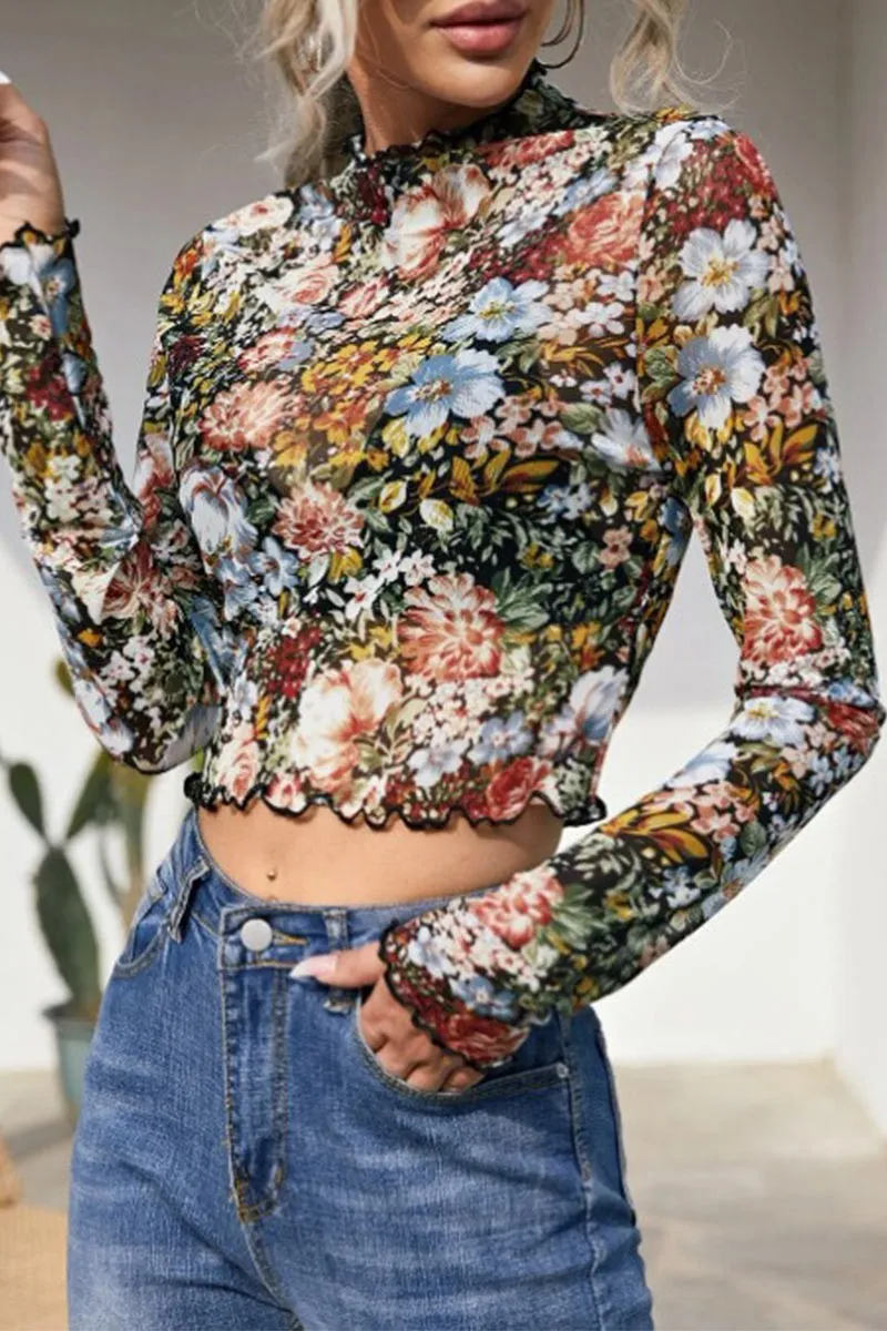 90's Vintage Vibe Floral Sheer Mesh Top