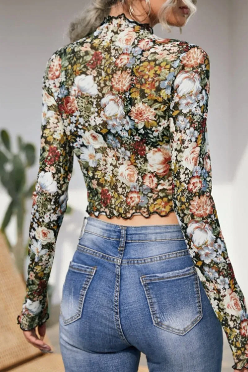 90's Vintage Vibe Floral Sheer Mesh Top