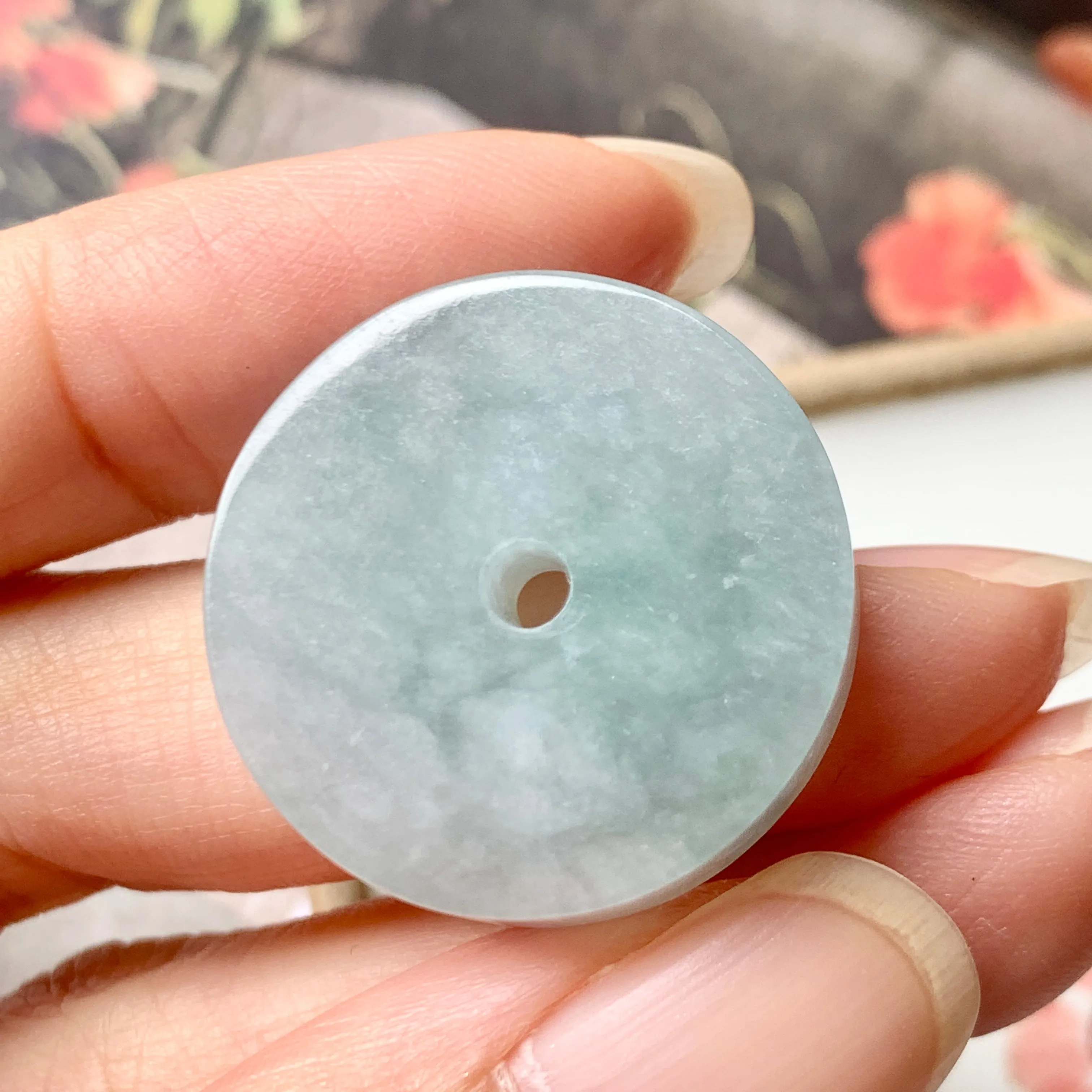 A-Grade Natural Bluish Green Jadeite Donut Pendant No.170904