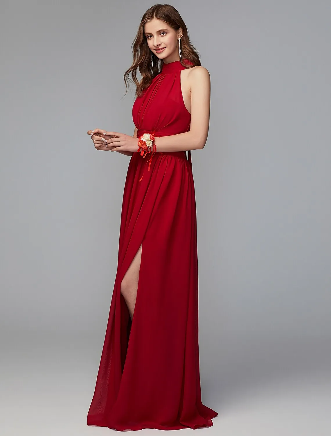 A-Line Bridesmaid Dress High Neck Sleeveless Furcal Floor Length Chiffon with Pleats / Split Front