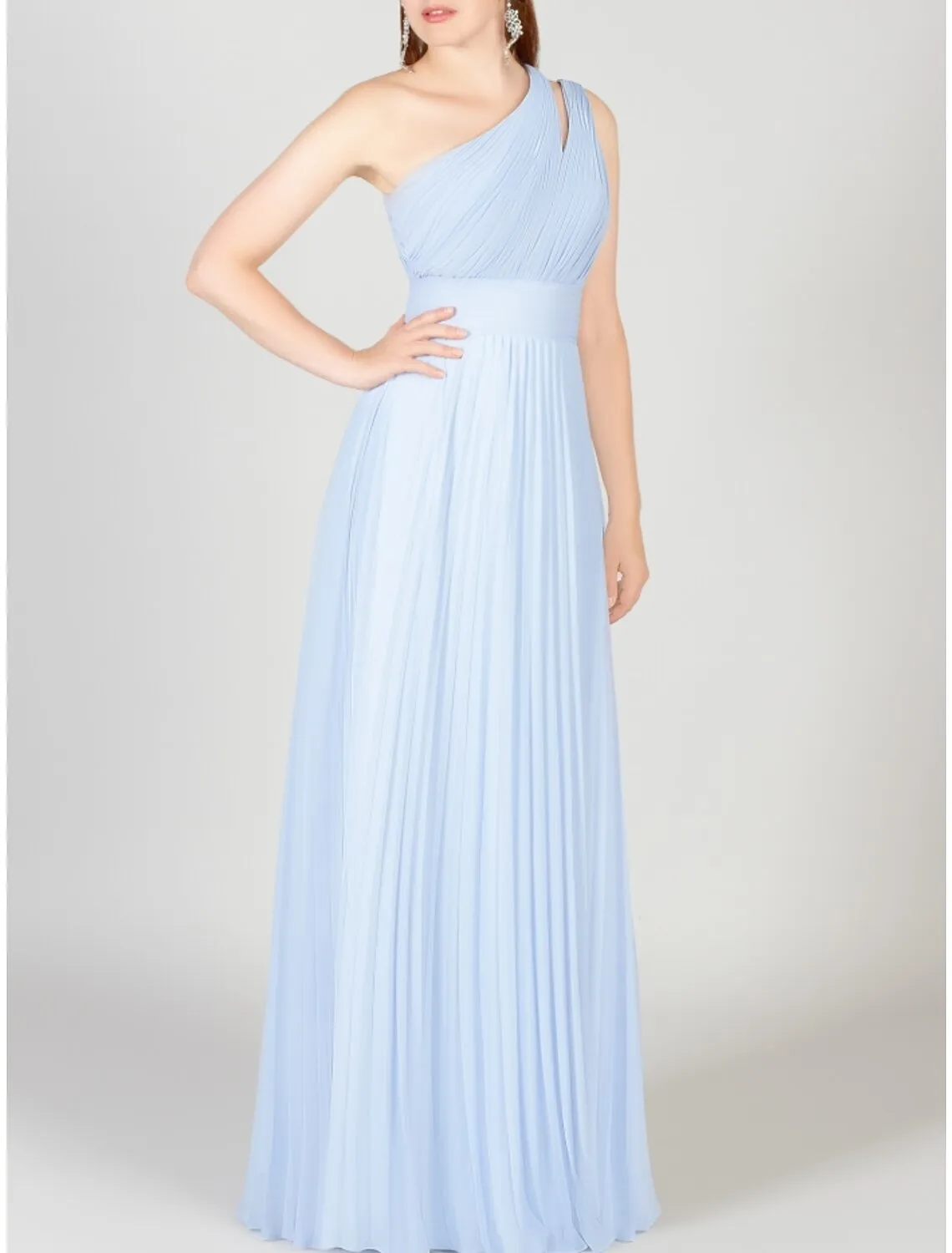 A-Line Bridesmaid Dress One Shoulder Sleeveless Blue Floor Length Chiffon with Ruching