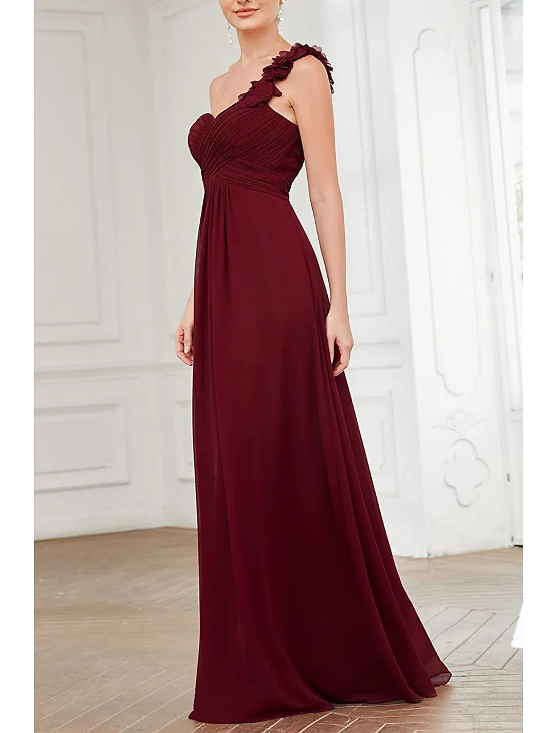 A-Line Bridesmaid Dress One Shoulder Sleeveless Open Back Floor Length Chiffon with Pleats