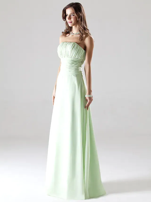 A-Line Bridesmaid Dress Strapless Sleeveless  Elegant  Floor  Length Chiffon with  Ruched   Draping