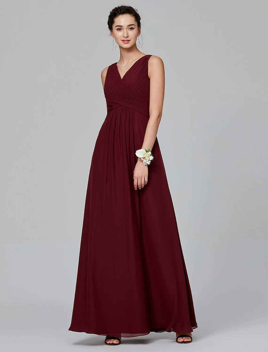 A-Line Bridesmaid Dress V Neck Sleeveless Floor Length Chiffon with Side Draping