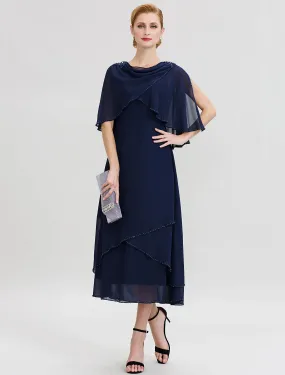 A-Line Mother of the Bride Dress Elegant Cowl Neck Floor Length Chiffon Half Sleeve with Beading