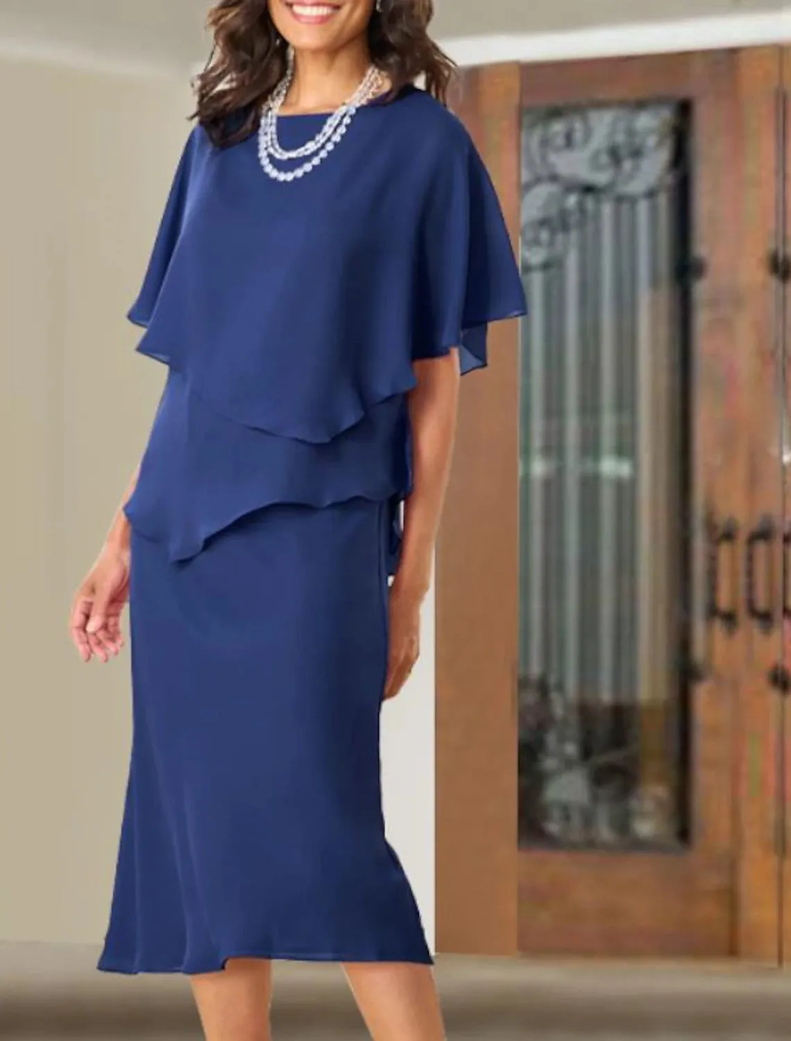 A-Line Mother of the Bride Dress Elegant Plus Size Jewel Neck Tea Length Chiffon with Ruffles