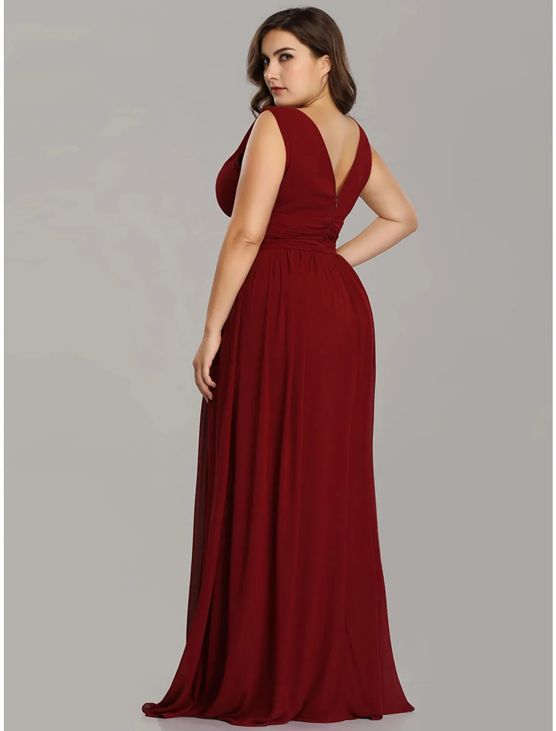 A-Line Plus Size Wedding Guest Formal Evening Dress V Neck V Back Sleeveless Floor Length Chiffon with Pleats