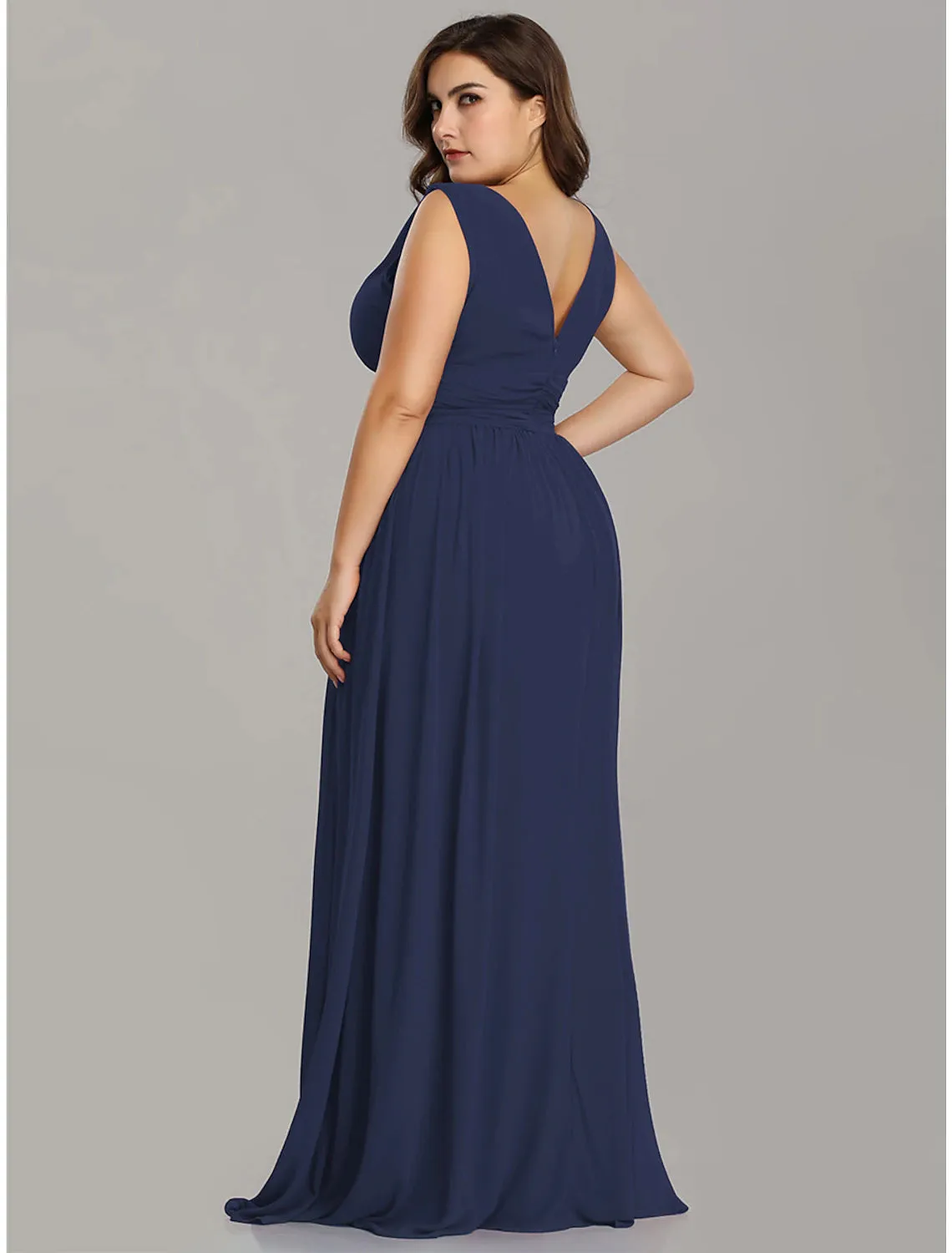 A-Line Plus Size Wedding Guest Formal Evening Dress V Neck V Back Sleeveless Floor Length Chiffon with Pleats