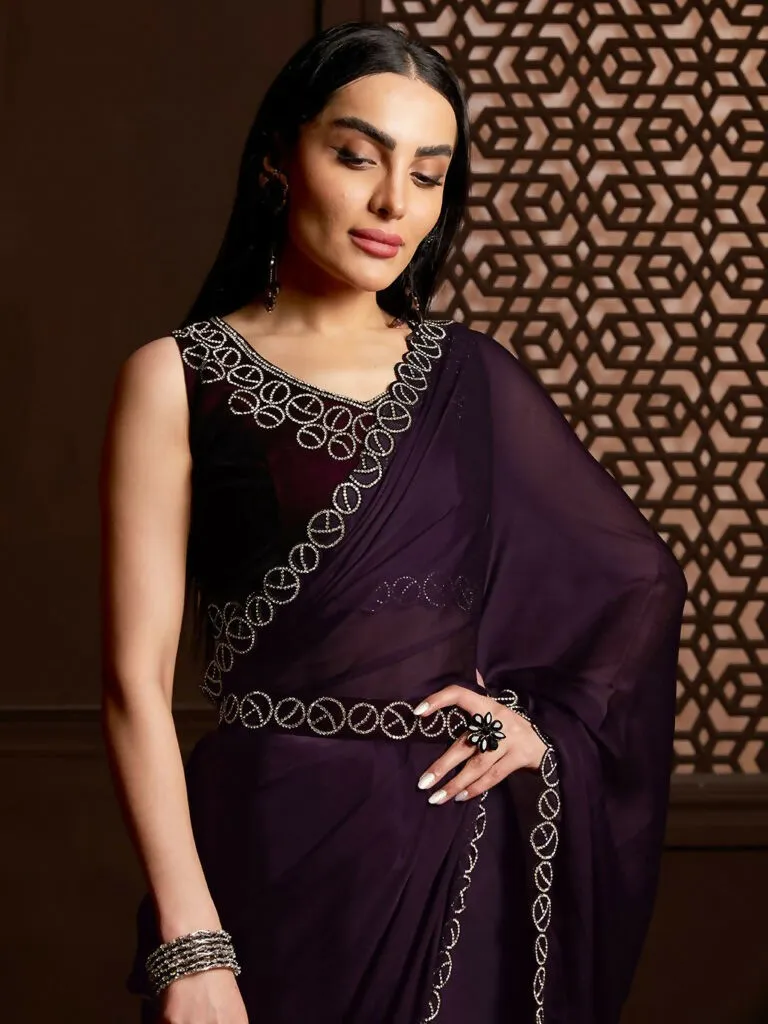 Aafreen Partywear Designer Purple Satin Chiffon Fancy Saree