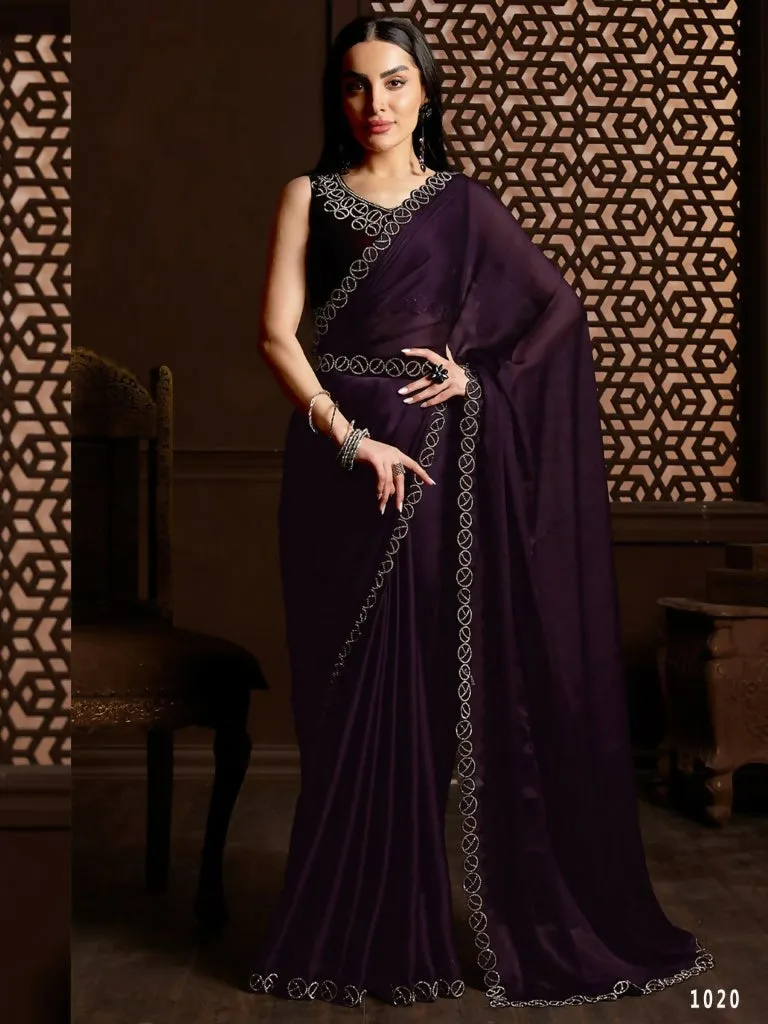 Aafreen Partywear Designer Purple Satin Chiffon Fancy Saree