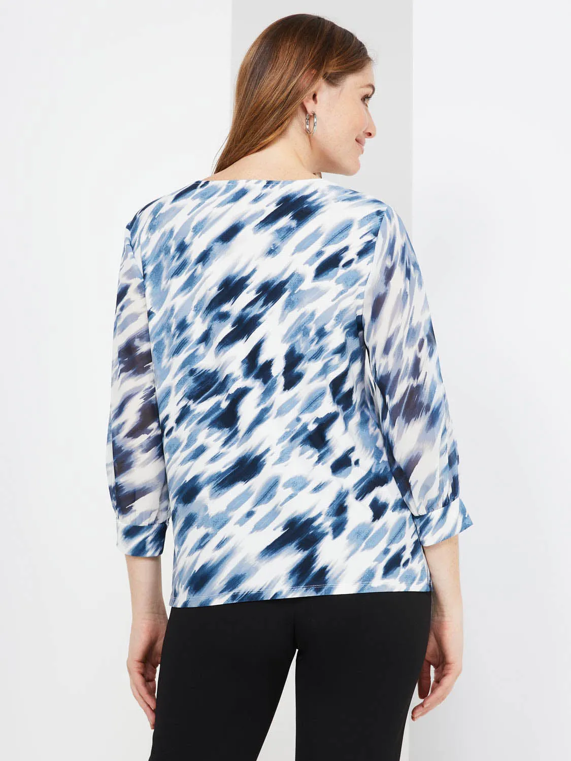 Abstract Print 3/4 Sleeve Chiffon Top