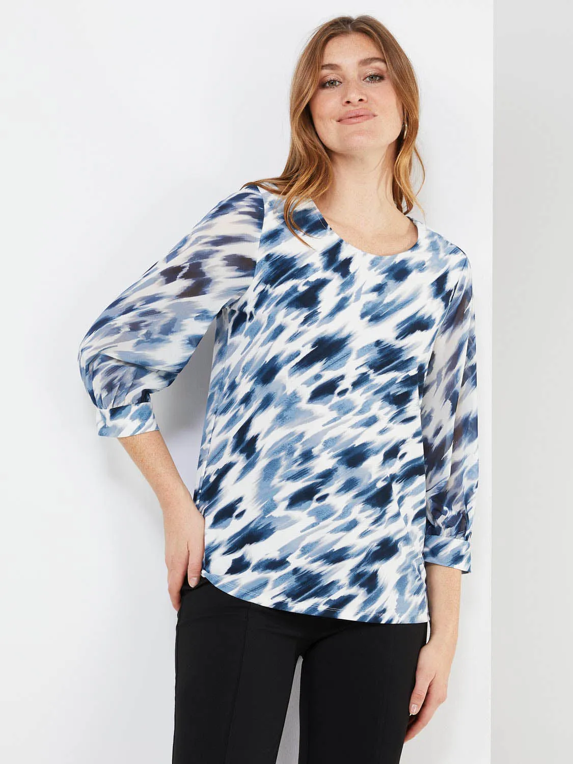 Abstract Print 3/4 Sleeve Chiffon Top