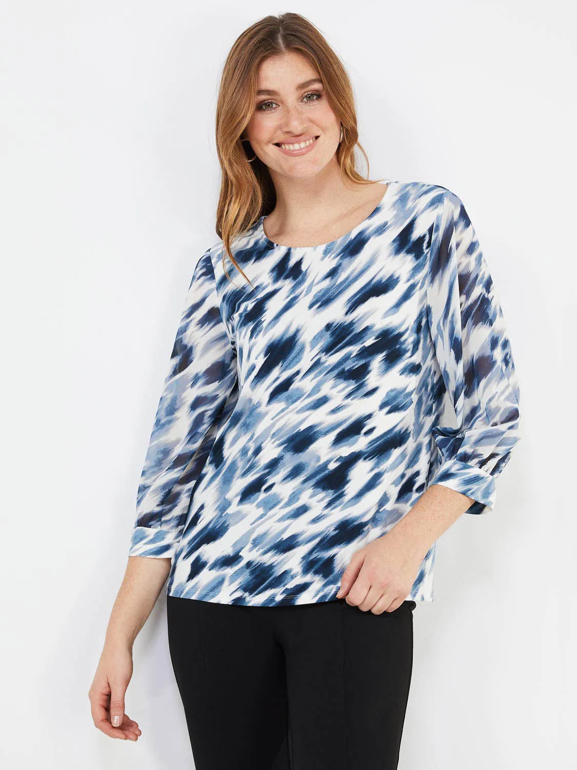 Abstract Print 3/4 Sleeve Chiffon Top