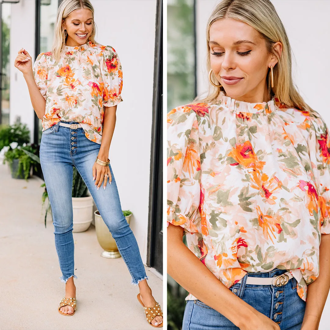 According To Me Peach Orange Floral Blouse