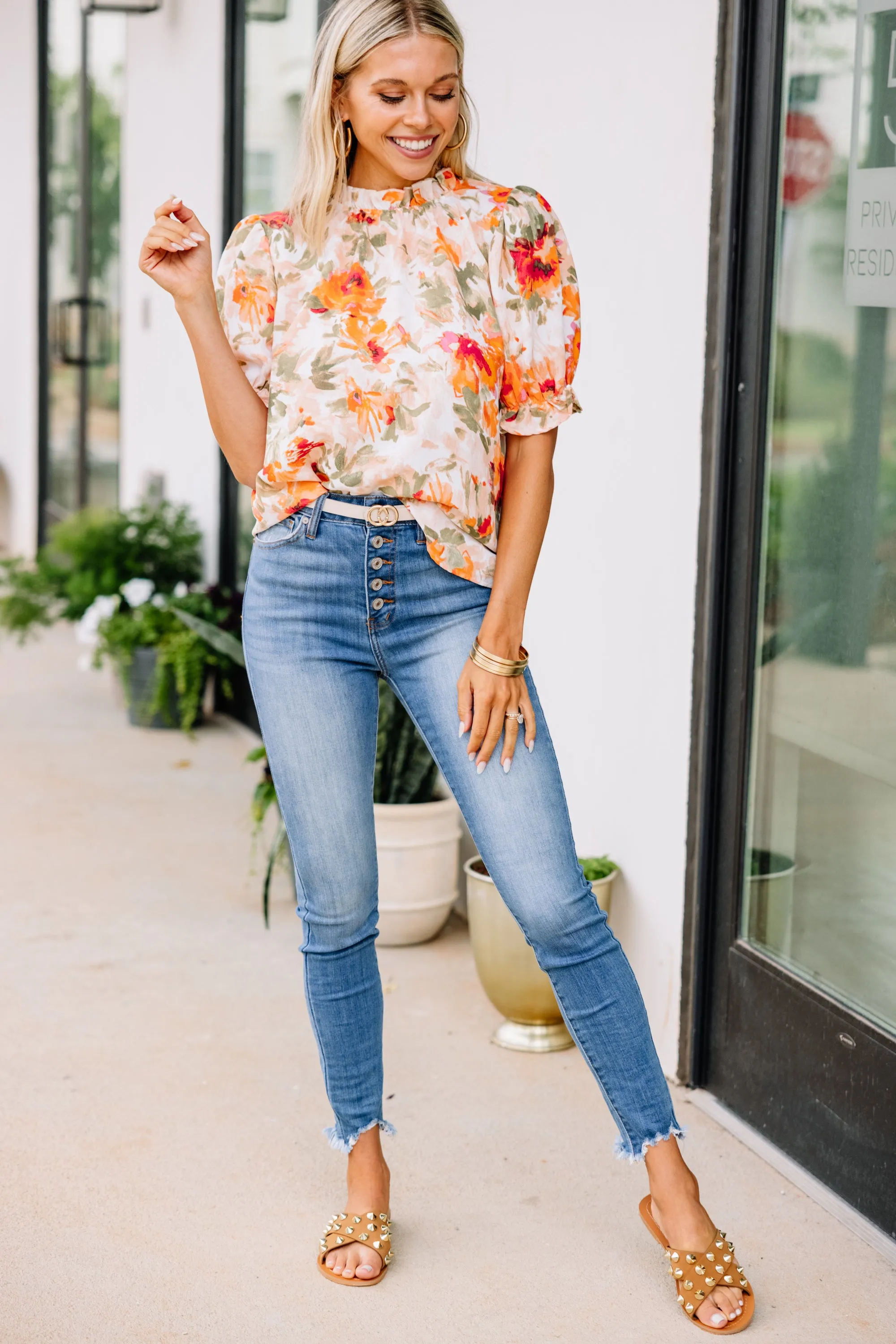 According To Me Peach Orange Floral Blouse