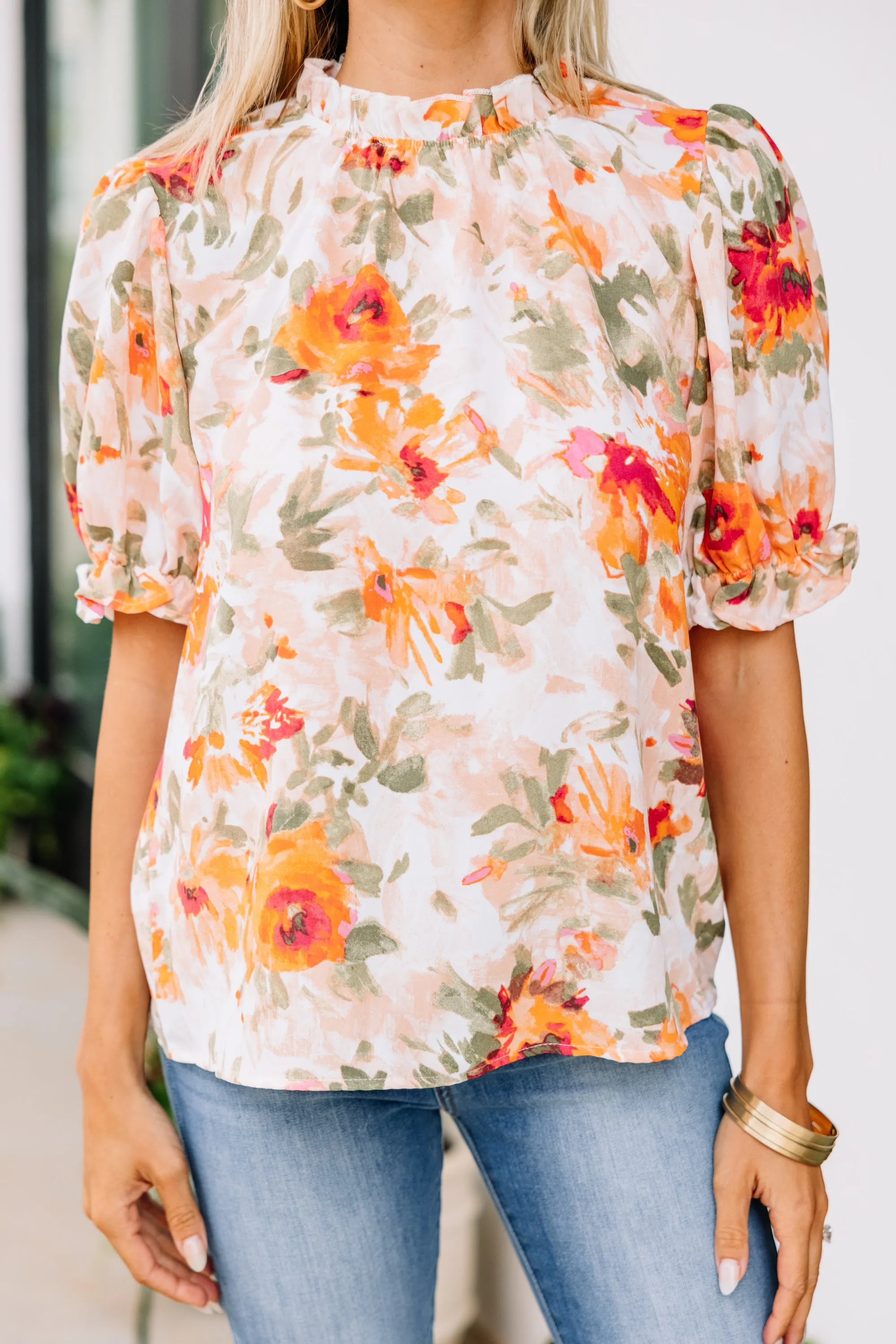 According To Me Peach Orange Floral Blouse