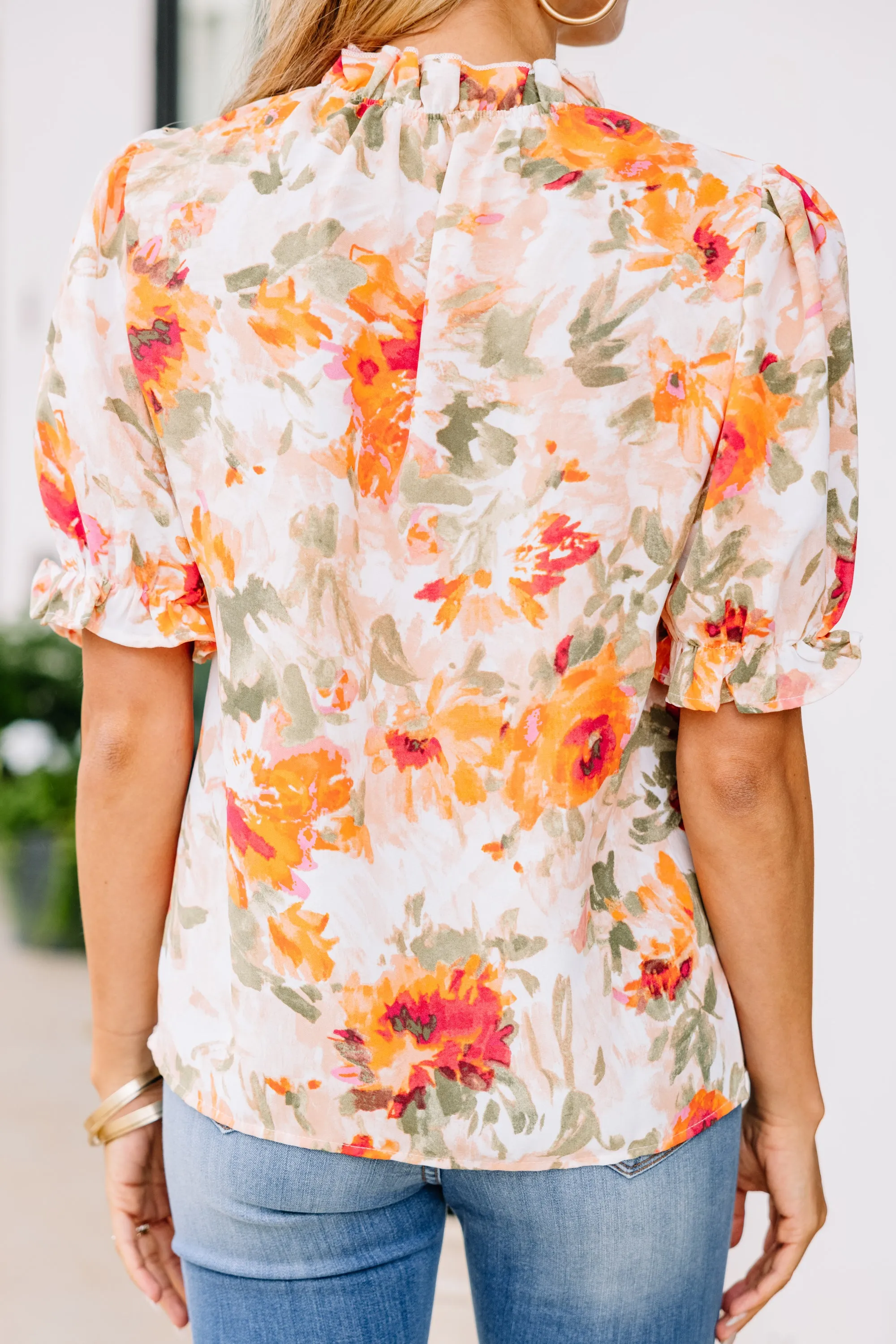 According To Me Peach Orange Floral Blouse