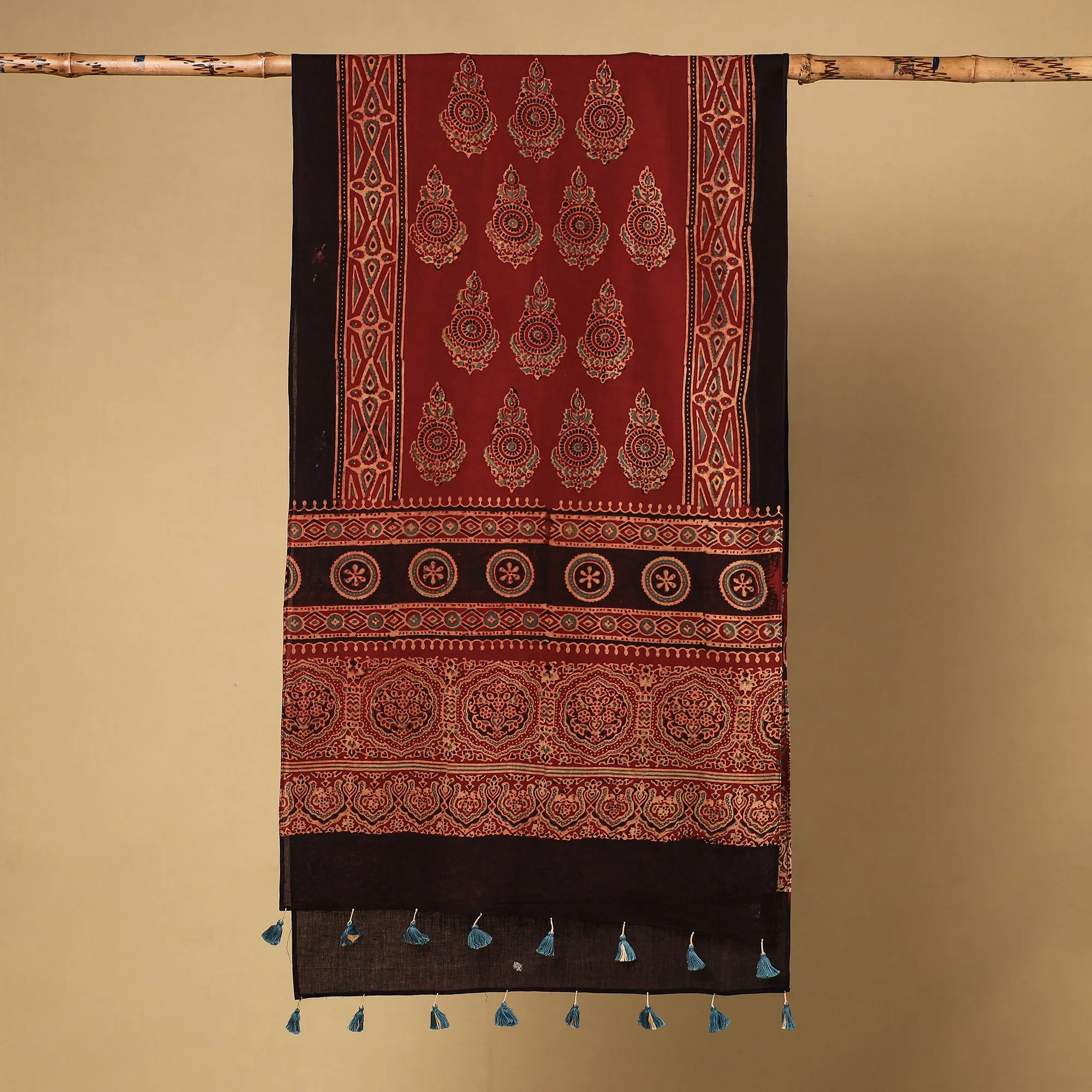 Ajrakh Block Printed Mul Cotton Stole with Tassels