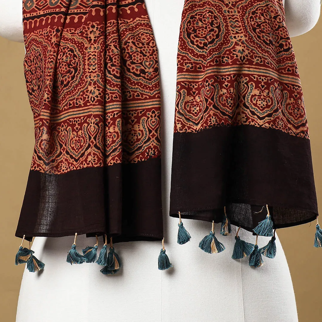 Ajrakh Block Printed Mul Cotton Stole with Tassels