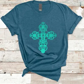 Amazing Grace Filigree Cross Deep Heather Teal T-Shirt