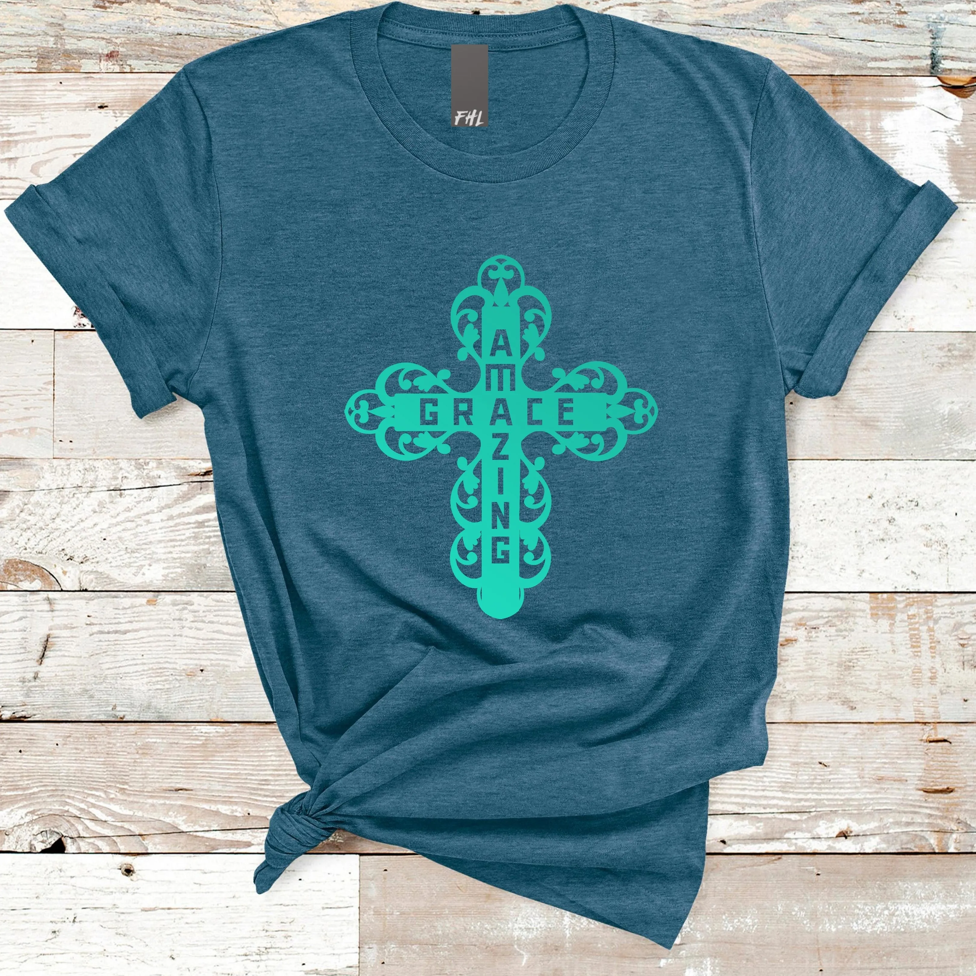 Amazing Grace Filigree Cross Deep Heather Teal T-Shirt