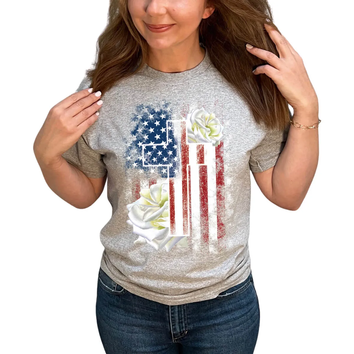 American Flag Cross With Roses T-Shirt