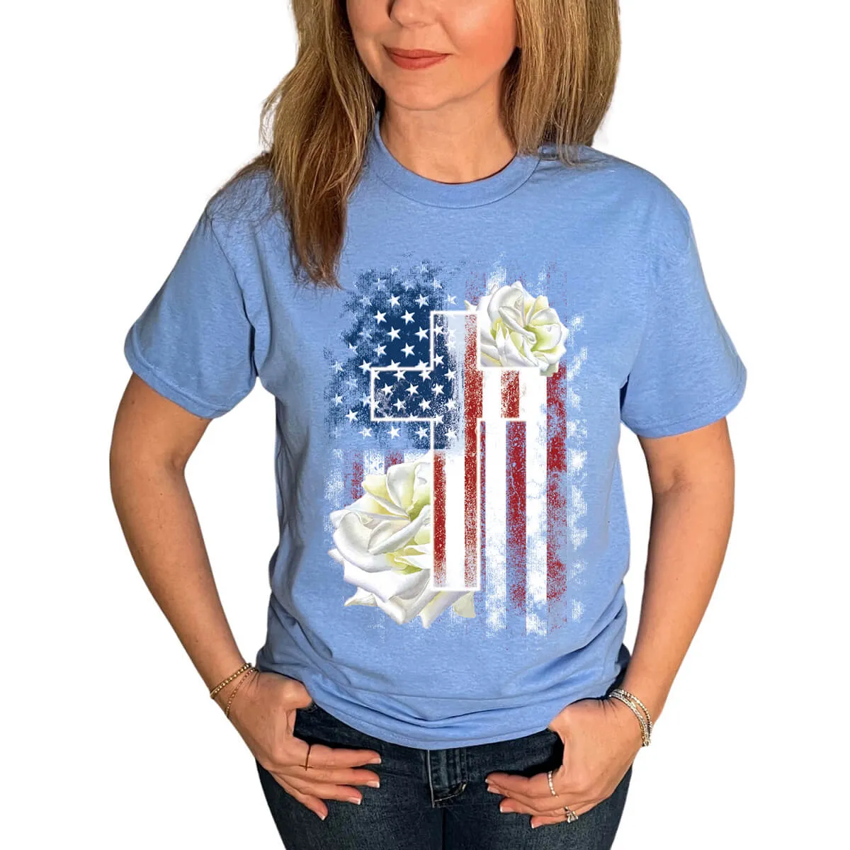 American Flag Cross With Roses T-Shirt