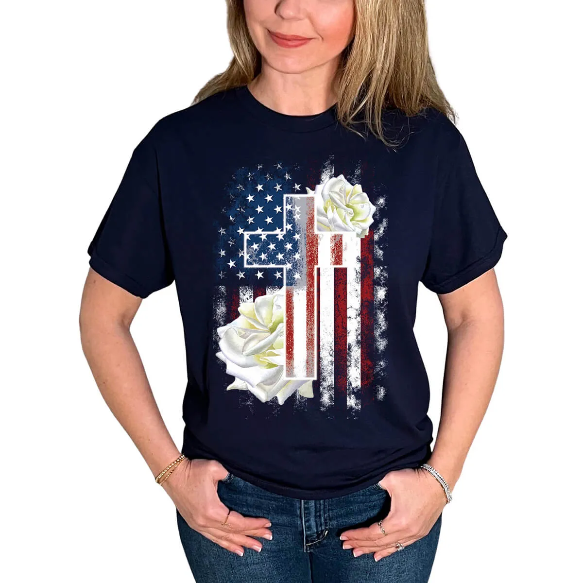 American Flag Cross With Roses T-Shirt