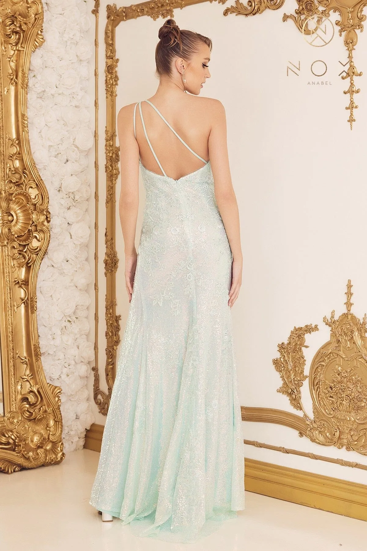 Applique Sequin One Shoulder Gown by Nox Anabel D1158