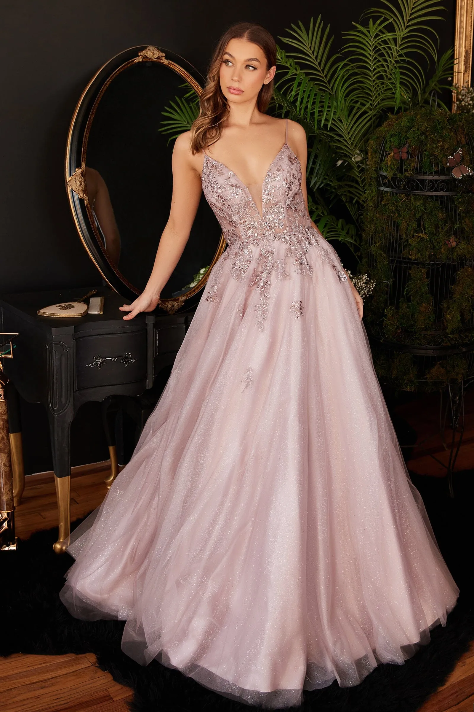 Applique Tulle V-Neck Gown by Ladivine CB117