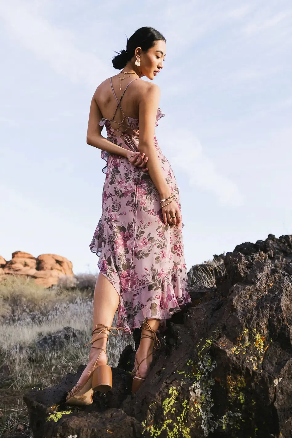 Asymmetrical Floral Midi Dress in Mauve - FINAL SALE