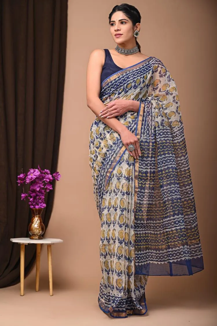 Authentic Royal Blue White Traditional Kota Doriya Print Saree